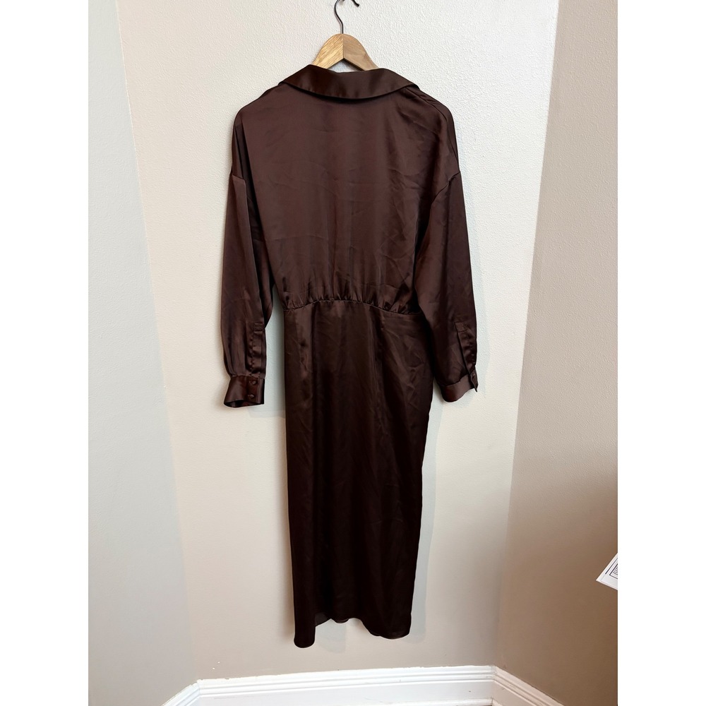 Zara Dress XL Brown Satin Faux Wrap V-Neck Midi Long Sleeve Minimalist Elegant - Picture 5 of 6